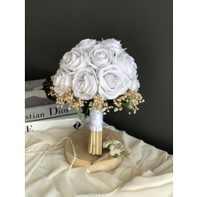 Luvienn Yeni Sezon Kadife Gül Beyaz Gelin Buketi  Gelin Çiçeği Damat Yaka Çiçeği 2 Li Set