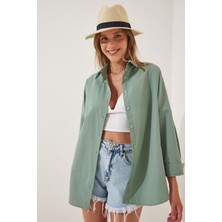 Hazelin Kadın Çağla Yeşili Oversize Uzun Basic Gömlek HZL22W-BD139001