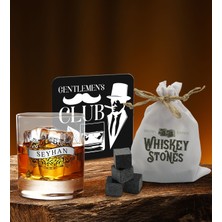 Bk Gift Kişiye Özel Viski Bardağı Ahşap Bardak Altlığı ve 6’lı Granit Viski Taşı Hediye Seti - Model 3