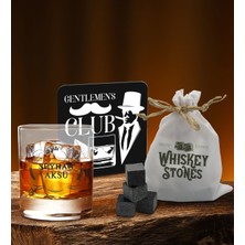 Bk Gift Kişiye Özel Viski Bardağı Ahşap Bardak Altlığı ve 6’lı Granit Viski Taşı Hediye Seti - Model 4
