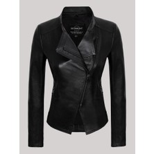 Derimont Deri Siyah V Çift Fermuarlı Yandan Cepli Kadın Deri Mont