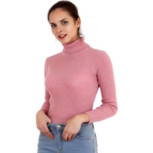 Hazelin Kadın Canlı Pembe Boğazlı Fitilli Triko Kazak HZL22W-H100011
