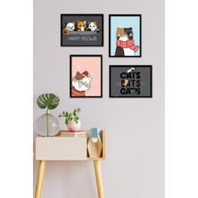 Takivis Mutlu Kediler 4 Parça Çerçeve Görünümlü Set Tablo