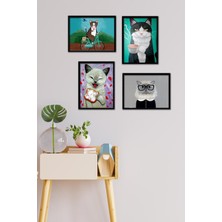 Takivis Kedi Temalı 4 Parça Çerçeve Görünümlü Set Tablo