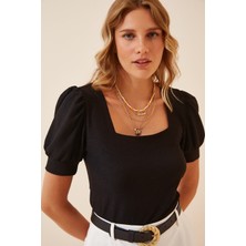 Hazelin Kadın Siyah Kare Yaka Örme Bluz HZL22W-BD104091
