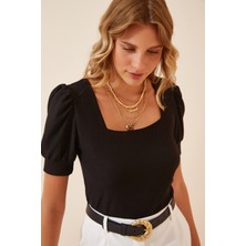 Hazelin Kadın Siyah Kare Yaka Örme Bluz HZL22W-BD104091
