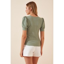 Hazelin Kadın Çağla Yeşili Kare Yaka Örme Bluz HZL22W-BD104091