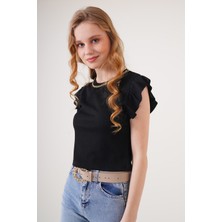 Hazelin Kadın Siyah Fırfır Kollu Zincir Kolyeli Örme Bluz HZL22S-BD104301