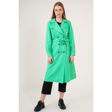 Hazelin Kadın Yeşil Kruvaze Yaka Kemerli Astarsız Mevsimlik Rahat Trençkot  HZL22S-BD158531