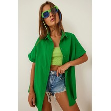 Hazelin Kadın Koyu Yeşil Oversize Uzun Kısa Kollu Basic Poplin Gömlek HZL22S-BD1201201