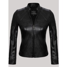 Derimont Deri Siyah Hakim Yaka Düz Kesim Kadın Deri Mont