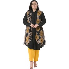 Disentis Modest Büyük Beden Katlamalı Kollu Önde Şifon Detaylı Uzun Hardal Gömlek