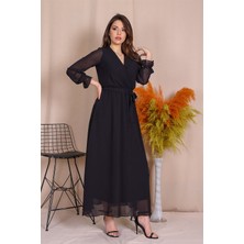 Neşeli Butik Kadın Kruvaze Yaka Bağlama Detaylı Yeni Sezon Uzun Şifon Elbise KTS003