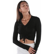 Aksuna Moda V Yaka Uzun Kol Önü Büzgülü Siyah Crop Top Bluz