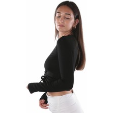 Aksuna Moda V Yaka Uzun Kol Önü Büzgülü Siyah Crop Top Bluz