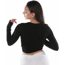 Aksuna Moda V Yaka Uzun Kol Önü Büzgülü Siyah Crop Top Bluz