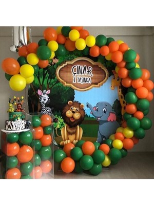 Bal10 Dünyası Safari Konsepti Balon Zinciri Koyu Yeşil Turuncu Sarı 60 Adet