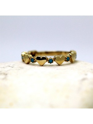 Fasek Gold Altın Yüzük - 14 Ayar Altın Sıralı Kalp Turkuaz Taşlı Alyans Yüzük - Minimal Kalp Altın Yüzük