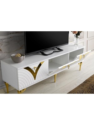 Mapa 180 cm Vizyon Metal Ayak-Mdf Mebran Kapak Tv Sehpası Beyaz - Gold