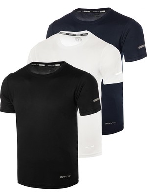 Ghassy Co. Erkek 3'lü Paket Dry Fit Siyah Lacivert Beyaz Atletik Nem Emici Günlük Tshirt