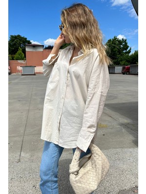 Madmext Bej Oversize Basic Cepli Poplin Gömlek MG1530