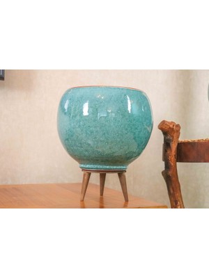 Bitki Tasarımı Ev Dekorasyon Turkuaz Artistik Çift Sırlı İç ve Dış Mekan Kullanımlı Ayaklı Toprak Terakota Saksı Saksılık Çiçeklik