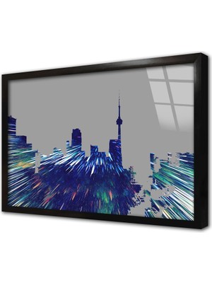 Tablosan Mavi Soyut Desenli Şehir Çerçeveli Cam Tablo