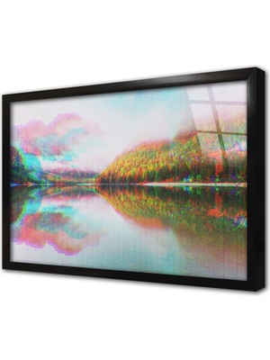 Tablosan Göl Manzarası Glitch Çerçeveli Cam Tablo