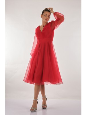 Dori V Yaka Uzun Kollu Kırmızı Kadın Elbise 221KB3037