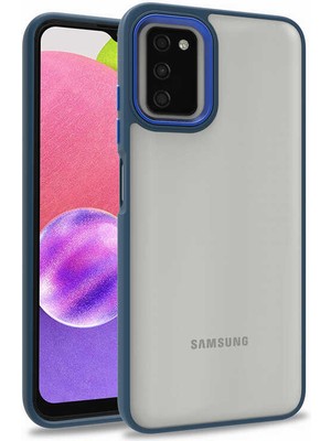 Case 4U Samsung Galaxy A03s Uyumlu Kılıf Kamera Çıkıntılı Arkası Kristal Şeffaf Hassas Tuşlu Renkli Kenarlı Flora Kapak Mavi
