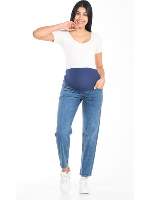Busa Kadın Hamile Mom Fit Kot Pantolon Mavi Esnek Karın Bantlı Arka Kemerli Günlük Stil