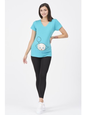 Busa Hamile V Yaka Bebek Baskılı Tişört Turkuaz