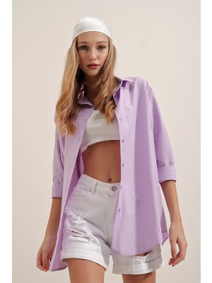 Hazelin Kadın Lila Oversize Uzun Basic Gömlek HZL22W-BD139001