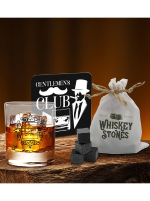 Bk Gift Kişiye Özel Viski Bardağı Ahşap Bardak Altlığı ve 6’lı Granit Viski Taşı Hediye Seti - Model 12
