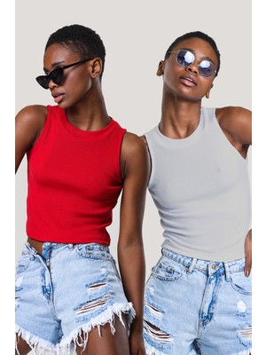 Catspy Kadın Halter Yaka Fitilli 2'li Paket Crop Bluz