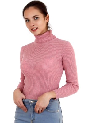 Hazelin Kadın Canlı Pembe Boğazlı Fitilli Triko Kazak HZL22W-H100011