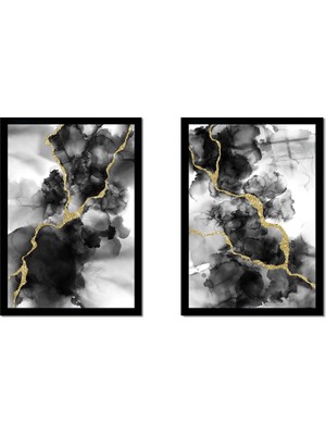 Tablosan Altın Detaylı Siyah Soyut 2'li Set Çerçeveli Cam Tablo