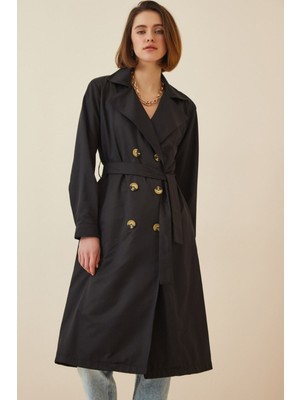 Hazelin Kadın Siyah Kruvaze Yaka Kemerli %100 Polyester Mevsimlik Trençkot HZL22S-BD158531