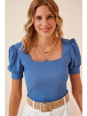 Hazelin Kadın Mavi Kare Yaka Örme Bluz HZL22W-BD104091