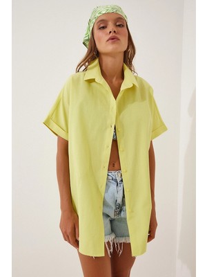 Hazelin Kadın Sarı Oversize Uzun Kısa Kollu Basic Poplin Gömlek HZL22S-BD1201201