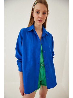 Hazelin Kadın Canlı Mavi Oversize Uzun Basic Gömlek HZL22W-BD139001