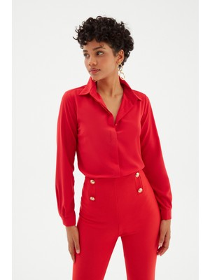 Sateen Klasik Düz Gömlek - Kırmızı