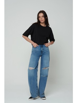 Cross Jeans Weslie Orta Mavi Wide Leg Fit Yıpratmalı Patı Fermuarlı Pantolon Jean C 4530-063