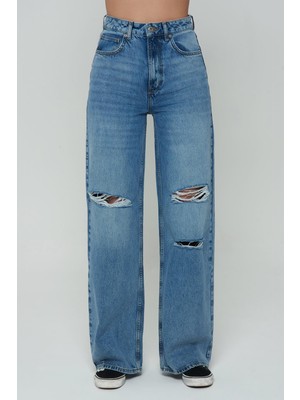 Cross Jeans Weslie Orta Mavi Wide Leg Fit Yıpratmalı Patı Fermuarlı Pantolon Jean C 4530-063