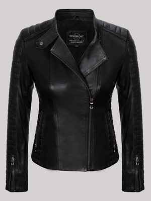 Derimont Deri Siyah Düz Çizgi Detaylı Koldan Fermuarlı Yandan Cepli Kadın Deri Mont