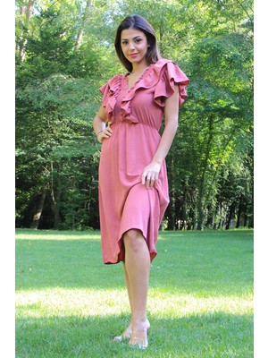 Neşeli Butik Kadın Yaka ve Kolları Fırfırlı Bağlama Detaylı Ayrobin Elbise NB10050