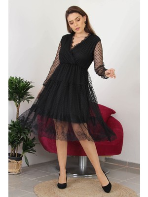 Neşeli Butik Kadın Kruvaze Yaka Eteği Güpür Detaylı Yeni Sezon Elbise APCX10