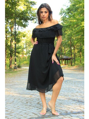 Neşeli Butik Kadın Bağlama Detaylı Madonna Yaka Yeni Sezon Şifon Elbise NB8060