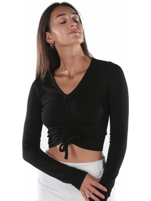 Aksuna Moda V Yaka Uzun Kol Önü Büzgülü Siyah Crop Top Bluz