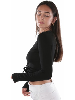 Aksuna Moda V Yaka Uzun Kol Önü Büzgülü Siyah Crop Top Bluz